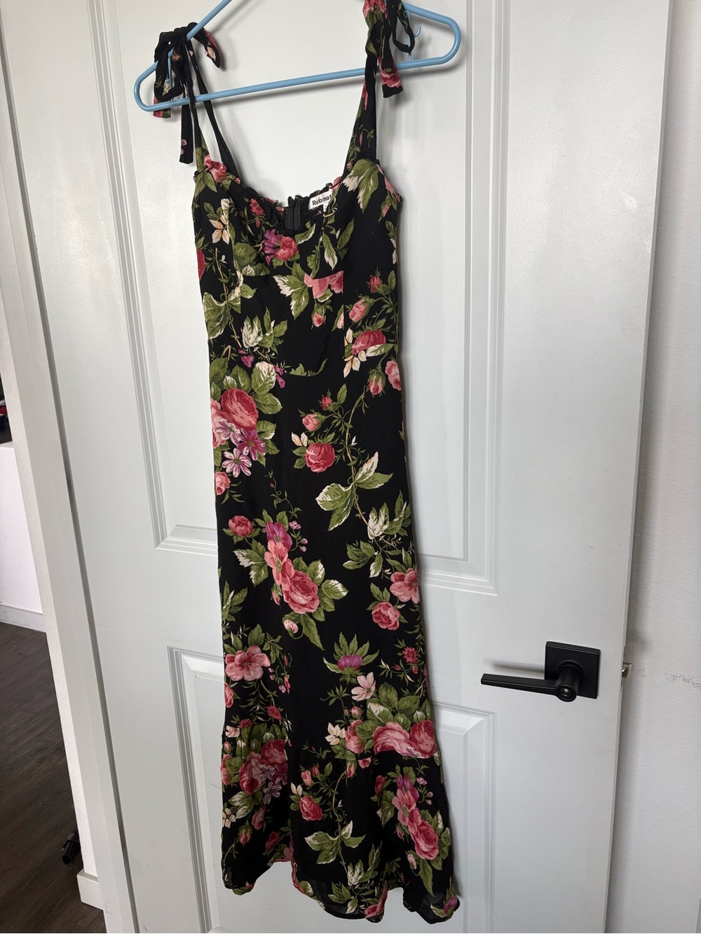 Reformation Black Maxi Dress with Pink Rose Print